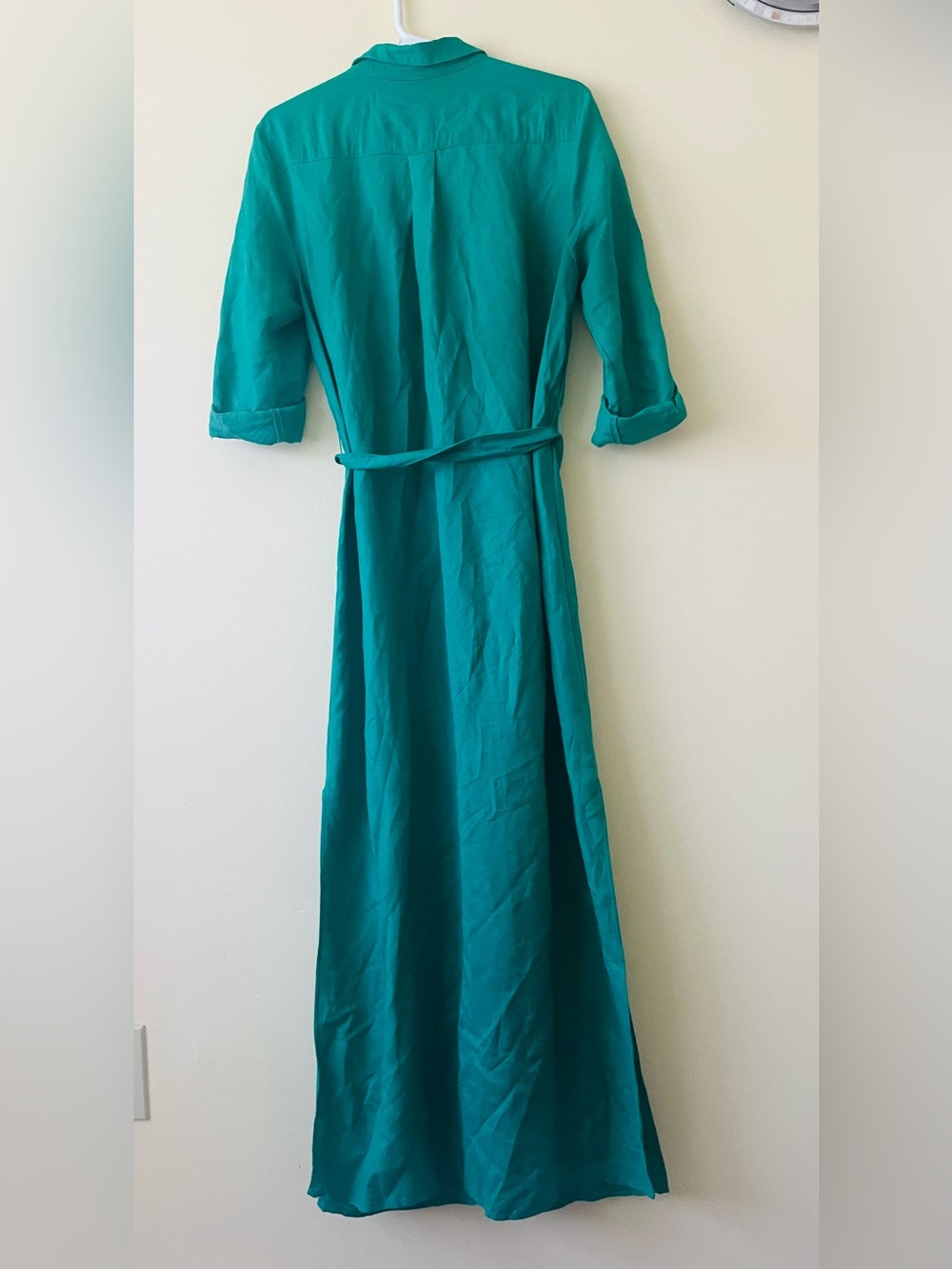 Loft Linen Blend Belted Green Maxi Shirt Dress Side Slits Sz 10 - Picture 3 of 5